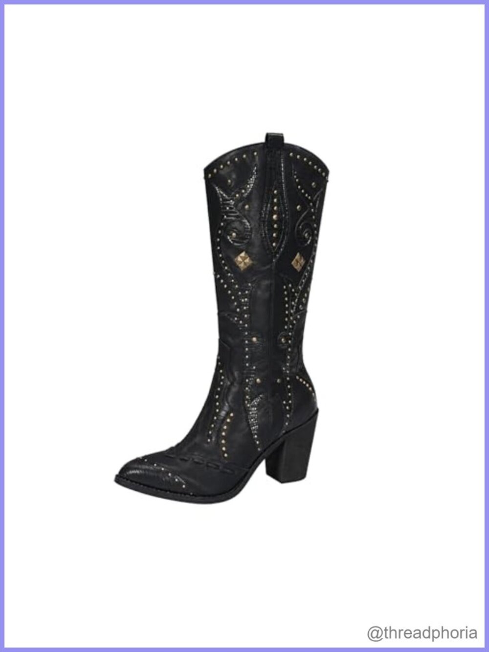 Western Cowgirl Boots Pointed Toe Studded Chunky Heel Mid-Calf
